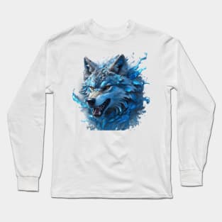 Blue wolf head splash art Long Sleeve T-Shirt